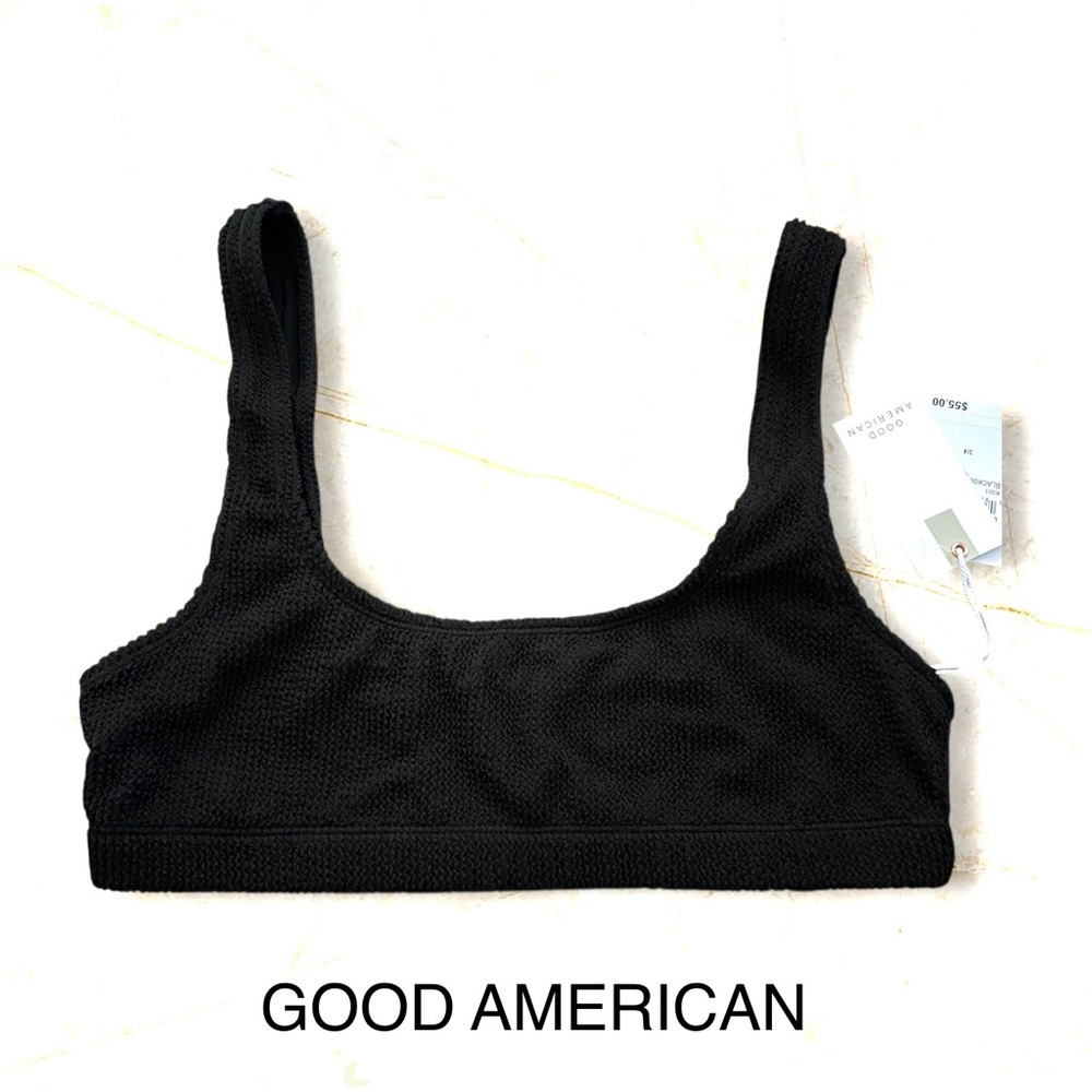 Good American New L/XL Textured Always Fits Scoop Bikini Swim Top Black